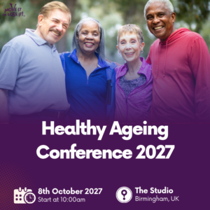 Happy older adults pictured on a promotional graphic for the Move it or Lose it Healthy Ageing Conference 2027, Friday 8 October in Birmingham