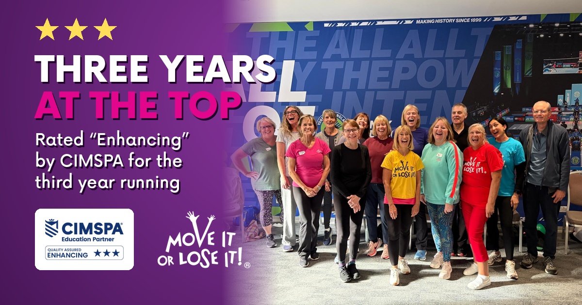 Group of smiling Move it or Lose it FABS trainees at a training day, with the CIMSPA Quality Assured Enhancing three-star badge